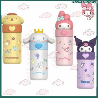 Sanrio กระติกน้ำร้อนสแตนเลส350มิลลิลิตรถ้วยน้ำสูญญากาศ Kuromi Cinnamoroll ตุ๊กตาสเตอริโอวัสดุที่ปลอดภัยการ์ตูนจับถ้วยพร้อมกล่องดอกไม้