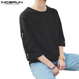 Incerun เสื้อยืดแขนสั้น หัวเข็มขัด สีดํา และสีขาว สําหรับผู้ชาย