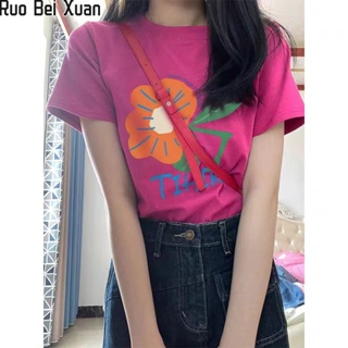 RUO BEI XUAN  ใหม่ของผู้หญิงแก้วมังกรสีแขนสั้นพิมพ์เสื้อยืดผ้าฝ้ายบริสุทธิ์ด้านบนหลวมสบาย ๆ