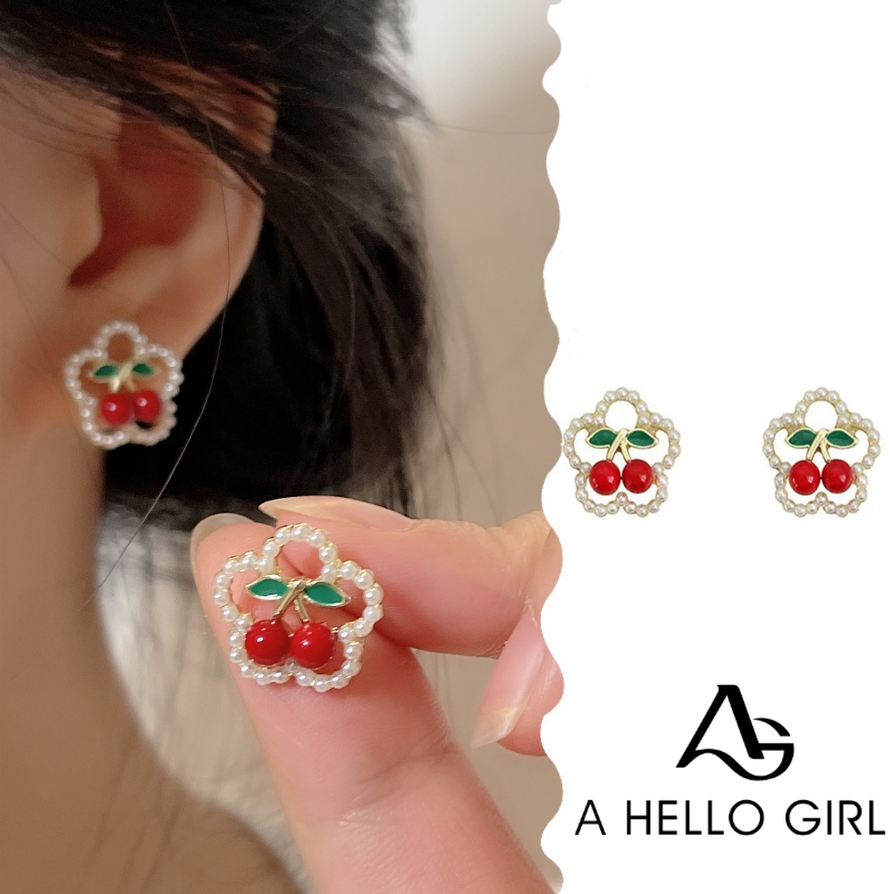 A HELLO GIRL ต่างหูมุก เชอร์รี่น่ารัก สไตล์ญี่ปุ่น ออกแบบดี ลายดอกไม้ สีแดง สําหรับผู้หญิง