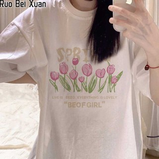 RUO BEI XUAN   ท็อปส์ซูผู้หญิง เสื้อยืดแขนสั้นลายดอกไม้ สไตล์อเมริกันฮ่องกง ท็อปส์ซูผู้หญิง