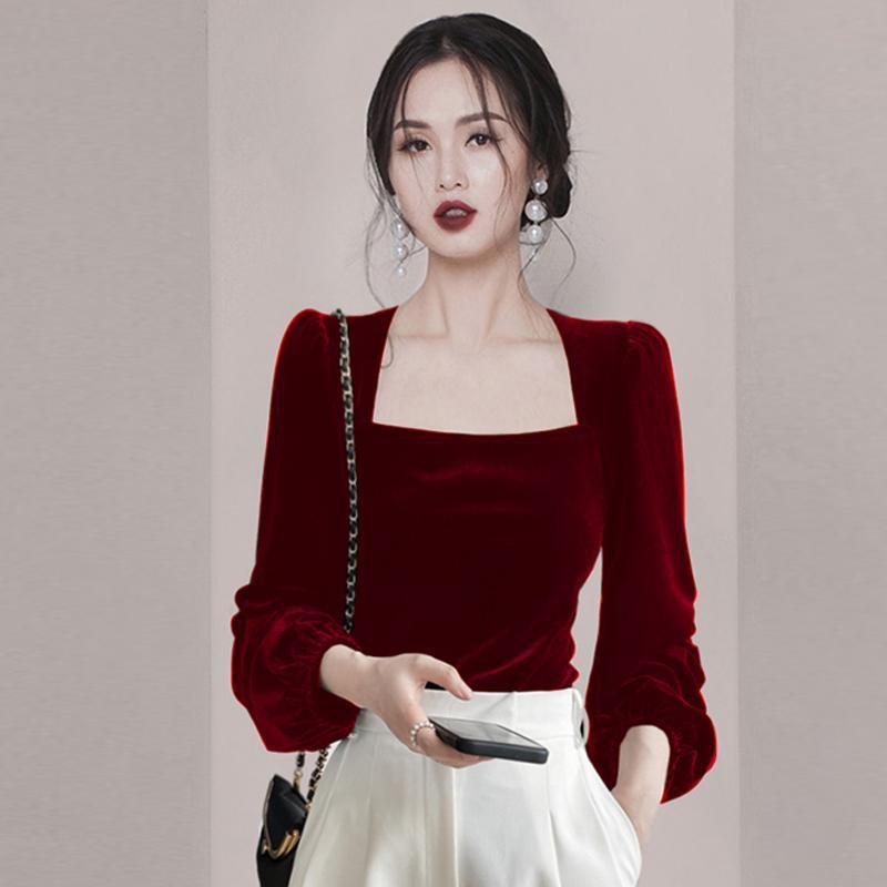 เสื้อท็อป ผ้ากํามะหยี่ ระดับไฮเอนด์ สีทอง แฟชั่นฤดูใบไม้ร่วง และฤดูหนาว สําหรับผู้หญิง