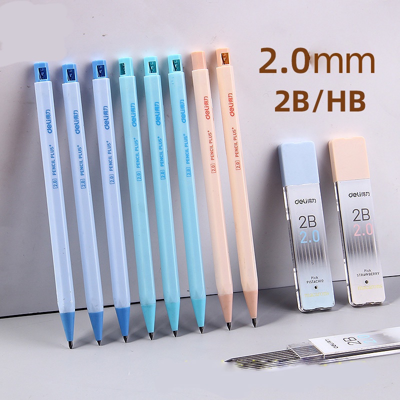 Deli 1 PC ดินสอ 2B HB 2.0 มม.ปลายเติมนักเรียน Non Breaking ดินสอตะกั่วหนาพร้อมกบเหลาดินสอสําหรับนักเรียนเขียนเครื่องเขียน