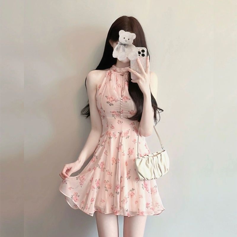 New elegant design dress waist-tight slimming printed sleeveless skirt women chiffon hip-covered