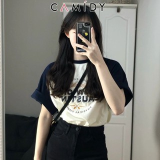 Camidy การออกแบบการพิมพ์สีที่ตัดกันความรู้สึกเฉพาะรอบคอเสื้อยืดแขนสั้นผู้หญิงครึ่งแขน