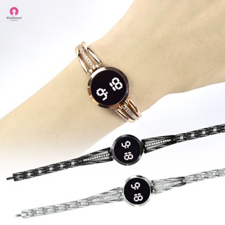 นาฬิกาข้อมือดิจิทัล จอแสดงผล LED สายโลหะ พร้อมสัญญาณเตือน สําหรับผู้หญิง