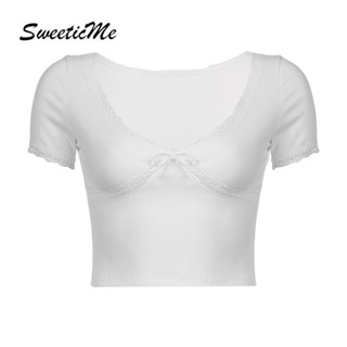 Sweeticme เสื้อยืดแขนสั้น คอวี ประดับโบว์ แต่งลูกไม้ เซ็กซี่ สีพื้น แฟชั่นสําหรับสตรี 2023