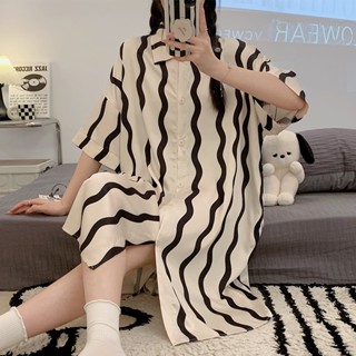 Summer new sexy sweet high-end ladies nightdress Pajamas womens summer ice silk striped short-sleeved long dress