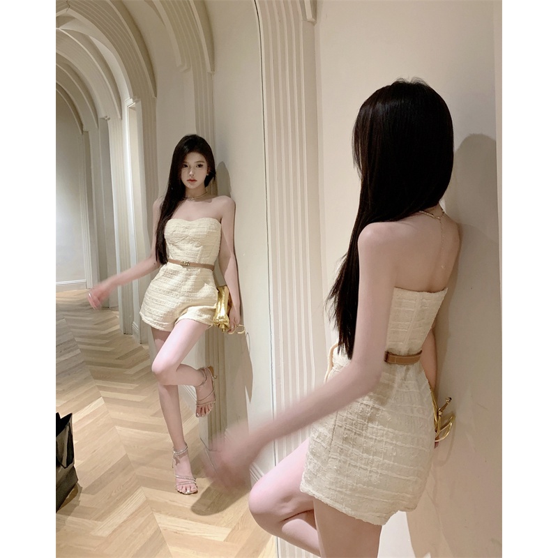 Liasynn High-End คนดังสไตล์ Chanel Clavicle One-Shoulder Jumpsuit Slimmer ดู High-End Classy คนดัง Tube Top Jumpsuit กระโดด