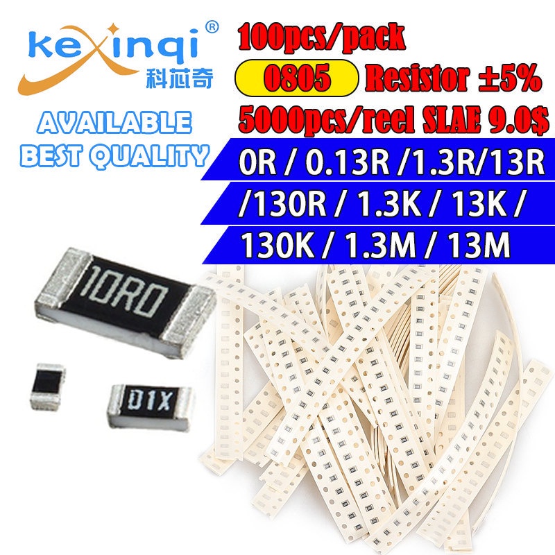(100 ชิ้น) 0805 ตัวต้านทาน 5% 1/8W 0R 0.13R 1.3R 13R 130R 1.3K 13K 130K 1.3M 13M Ohm Resistor