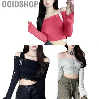 Ooidshop Women Long Sleeve Top  Polyester Fabric Delicate Texture Off Shoulder Top Sweat Absorption Short Style  for Outdoor Shopping