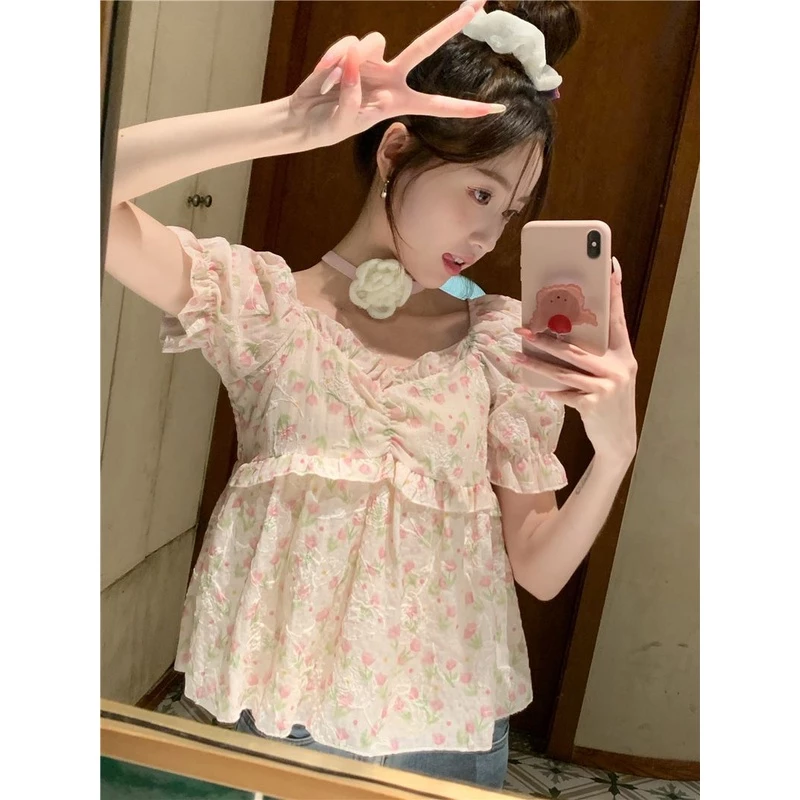หวานหลวมเสื้อเชิ้ตแขนสั้นลายดอกเวอร์ชั่นเกาหลีน่ารักเสื้อสั้น thumbnail 7
