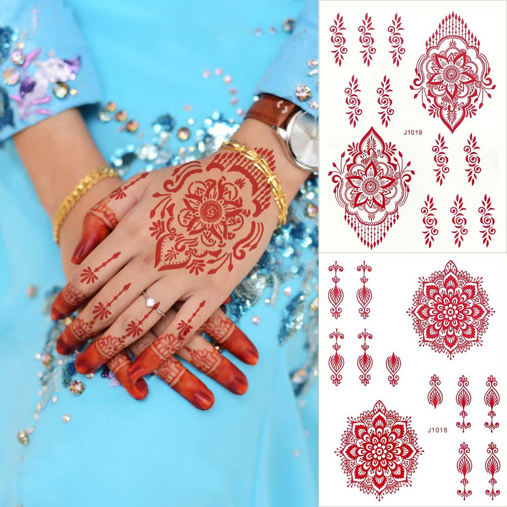 สติกเกอร์รอยสักชั่วคราว กันน้ํา ลายดอกไม้ Mandala Mehndi สีแดง สีขาว สําหรับผู้หญิง งานแต่งงาน งานเทศกาล