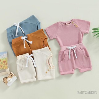 Babygarden-0-3 ปี ชุดเสื้อผ้าเด็กอ่อน แขนสั้น เสื้อยืดถักวาฟเฟิล + กางเกงขาสั้น ผูกปมด้านหน้า