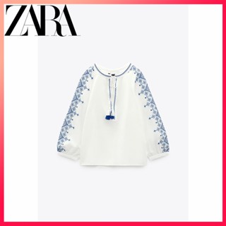 Zara ใหม่ เสื้อคอกลม แขนปัก สีตัดกัน สําหรับผู้หญิง