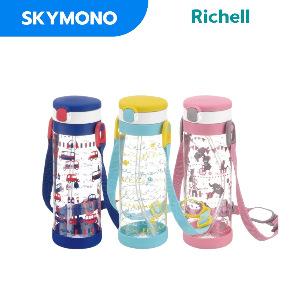 จัดส่งทุกวัน แก้วหลอดดูดพร้อมสายคล้อง Richell ขวดน้ำไปรร รุ่นAQ 450ml น้ำหนักเบา คว่ำไม่หก
