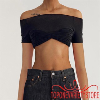 Topone เสื้อครอปท็อปแขนสั้น เปิดไหล่ ผ้าตาข่ายซีทรู เซ็กซี่ เข้ารูป แฟชั่นฤดูร้อน สําหรับผู้หญิง Y2K