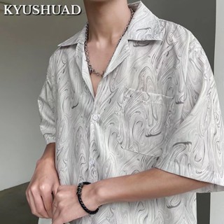 KYUSHUAD เสื้อเชิ้ตแขนสั้นลําลอง ทรงหลวม เหมาะกับเดินชายหาด แฟชั่นฤดูร้อน สไตล์ฮาวาย สําหรับผู้ชาย