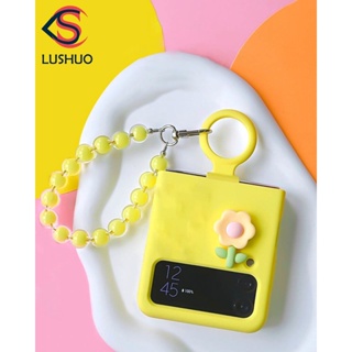 Lushuo เคสโทรศัพท์มือถือ ลายดอกไม้ 3D สีเหลือง พร้อมแหวนขาตั้ง และสร้อยข้อมือ สําหรับ Samsung Galaxy Z Flip 3 5G and Z Flip 4 Z Flip3 ZFlip3 ZFlip 3 Z Flip4 ZFlip 4