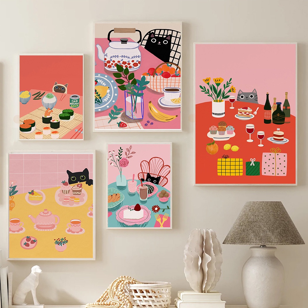 โปสเตอร์ผ้าใบ พิมพ์ลาย Abstract Afternoon Tea สไตล์นอร์ดิก โมเดิร์น สําหรับตกแต่งผนังบ้าน ห้องครัว ห้องขนมหวาน