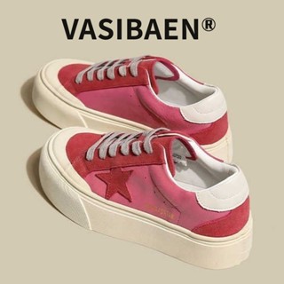 VASIBAEN รองเท้าผ้าใบพื้นหนาลายดาวสีชมพู แมทช์กับรองเท้าผ้าใบย้อนยุคสีแดงกุหลาบแบบสบาย ๆ ทั้งหมด