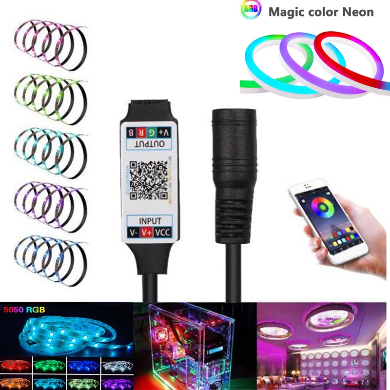 ตัวควบคุมไฟ LED RGB บลูทูธ ขนาดเล็ก พร้อมไฟ DC 5-24V สําหรับสมาร์ทโฟน 2835 5050