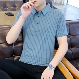 Spot high quality] Vertical striped POLO shirt mens youth handsome 2023 summer new striped short-sleeved T-shirt business casual shirt lapel Tee shirt boys wear