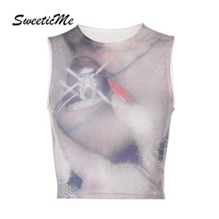 Sweeticme เสื้อครอปท็อป คอกลม เข้ารูป พิมพ์ลาย แฟชั่นใหม่ สําหรับผู้หญิง 2023