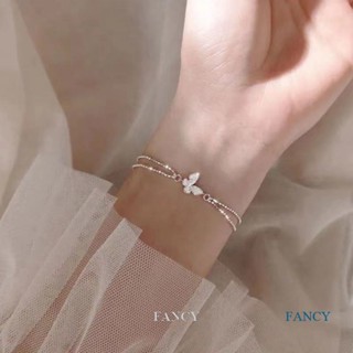 Fancy สร้อยข้อมือโซ่คู่ ประดับเพชร ลายผีเสื้อ สไตล์เกาหลี สําหรับผู้หญิง