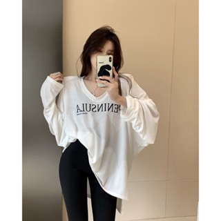 เสื้อยืดแขนยาว คอวี กันแดด ทรงหลวม ขนาดใหญ่ สีขาว แฟชั่นฤดูร้อน สําหรับผู้หญิง