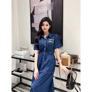 J4BV MIU MIU 23 spring and summer new tooling style design pink rhinestone letter decorative short sleeve denim dress