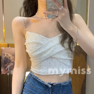 Mymiss- เสื้อครอปท็อป เกาะอก แต่งสายโซ่ รูปหัวใจ สีพื้น ถอดออกได้ แฟชั่นฤดูร้อน สําหรับผู้หญิง