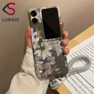 Lushuo เคสโทรศัพท์มือถือ ผ้ากอซ ลายดอกไม้น่ารัก พร้อมสายคล้องมือ สําหรับ OPPO Find N2 findn2 flip