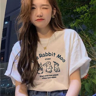 [SheSaid] เสื้อลายดอกผ้าฝ้ายแท้ ins เทรนด์ใหม่กระต่ายลายการ์ตูน เดรสสั้นลายคอกลมหลวมช่วงฤดูร้อน ลายพิมพ์ลายผ้าฝ้ายแท้
