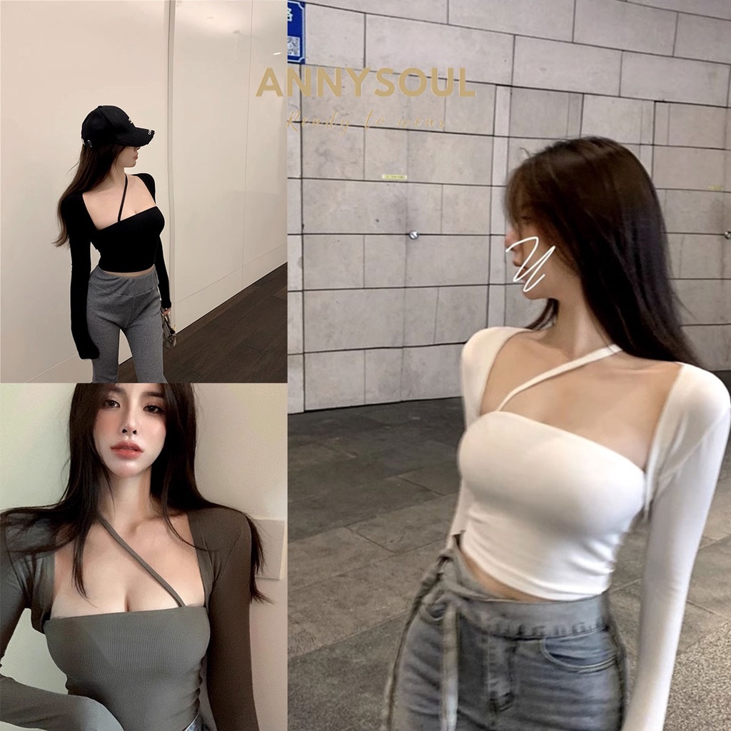 พร้อมส่ง เสื้อครอปเเขนยาวเเต่งสายไขว้ เสื้อยืดสะดือดีไซน์ไม่สม่ำเสมอ ทรงสามเหลี่ยม
