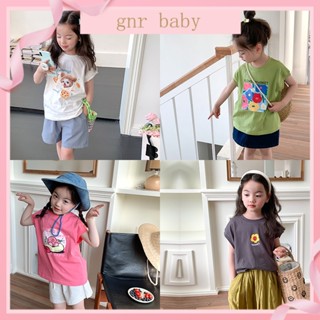 🍊GNR BABY🥑เสื้อยืดแขนสั้นลําลอง เปิดไหล่ พิมพ์ลายการ์ตูน สไตล์เกาหลี สําหรับเด็กผู้หญิง อายุ 3-12 ปี