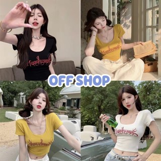 OFF SHOP พร้อมส่ง (OFF-G023) เสื้อไหมพรมคอกลม แขนสั้นสีพื้น  สกีนลาย ตัวอักษรบนเสื้อ