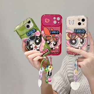 เคสโทรศัพท์มือถือแบบนิ่ม ใส ลายการ์ตูน The Powerpuff Girls หัวใจน่ารัก พร้อมสร้อยข้อมือ สําหรับ iPhone 14 13 12 11 Pro MAX X XS XR XS MAX 6 7 8 Plus