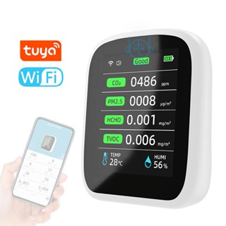 [mjia] Tuya เครื่องวัดคุณภาพอากาศ Wifi แบบพกพา 8in1 PM1.0 PM2.5 PM10 CO2 TVOC HCHO เครื่องทดสอบอุณหภูมิและความชื้น หน้าจอสี LCD เครื่องตรวจจับคาร์บอนไดออกไซด์ พร้อมเวลาและวันที่