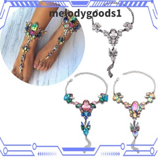 MELODYGOODS1 สร้อยข้อเท้า โซ่ หรูหรา คริสตัล เท้าเปล่า ตกแต่ง รองเท้าแตะ อัญมณี ดอกไม้ จี้เท้า เครื่องประดับ