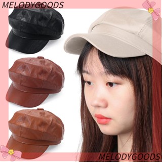 Melodg Newsboy หมวกเบเร่ต์ หนัง PU สีพื้น แฟชั่นใหม่ สําหรับผู้หญิง และผู้ชาย