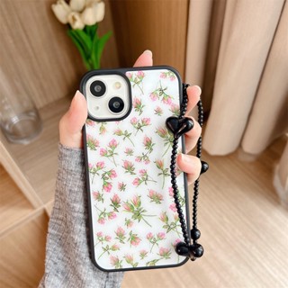 เคสโทรศัพท์มือถืออะคริลิค TPU นิ่ม แบบใส กันกระแทก ลายดอกไม้ ดอกกุหลาบ พร้อมสายโซ่คล้องมือ ประดับไข่มุก สําหรับ iPhone 14 13 12 11 Pro Max