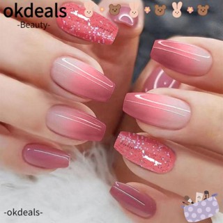 OKDEALS เล็บปลอมสําเร็จรูป หัวเหลี่ยม แต่งกลิตเตอร์ แต่งไล่โทนสีชมพู สไตล์ฝรั่งเศส สําหรับเด็กผู้หญิง จํานวน 24 ชิ้น ต่อกล่อง