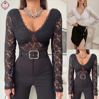 Women Fashion Night Club Outfit Slim Fit V Neck Long Sleeve Lace Crop Top