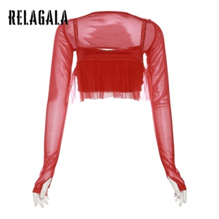 Relagala ใหม่ เสื้อยืดลําลอง แขนยาว ผ้าตาข่าย ติดกระดุม เรียบง่าย แฟชั่นสําหรับสตรี 2023