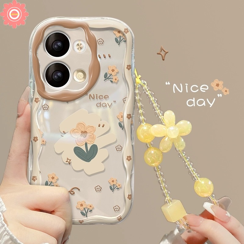 เคสโทรศัพท์มือถือ แบบนิ่ม ลายดอกไม้ 3D มีสายคล้อง ประดับมุก สําหรับ IPhone 11 13 14 12 Pro Max XR X 7 6s 6 8 Plus XS Max SE 2020
