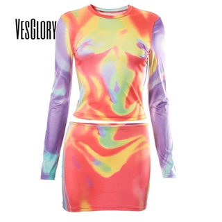 Vesglory เสื้อยืดแขนยาว สีตัดกัน และกระโปรงเอวสูง เซ็กซี่ สําหรับผู้หญิง 2023