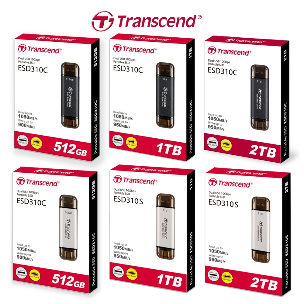 Transcend External SSD Smallest 512GB 1TB 2TB ( ESD310 ) USB A and Type C connectors : ประกัน 5 ปี