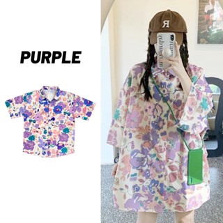 🚩Sale80%🚩เสื้อเชิ้ตผ้าเครปลายดอกไม้ใหญ่โทนม่วง แขนสั้นคอปก