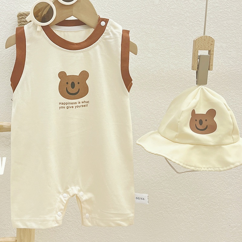 Ins ฤดูร้อน ใหม่ เด็กผู้ชาย และเด็กผู้หญิง บอดี้สูท แขนกุด + หมวก 0-24 เดือน ผ้าฝ้าย เด็กทารก บาง การ์ตูนหมีน้อย รอมเปอร์ พร้อมหมวก สไตล์เกาหลี